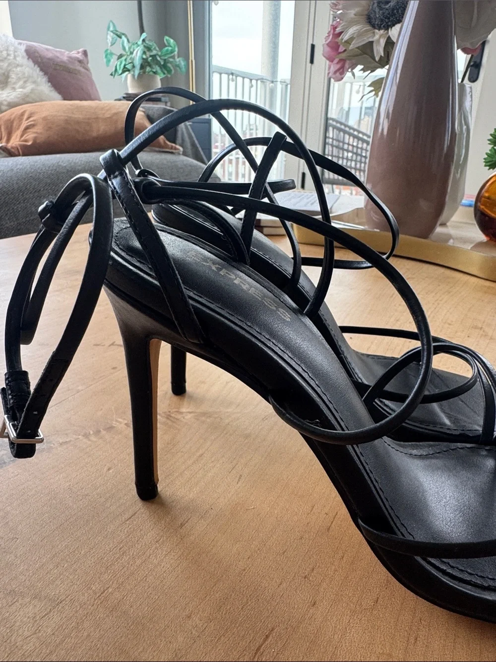 Express Black Strappy Ankle-Tie Heeled Sandals Size 7 Strappy Heels